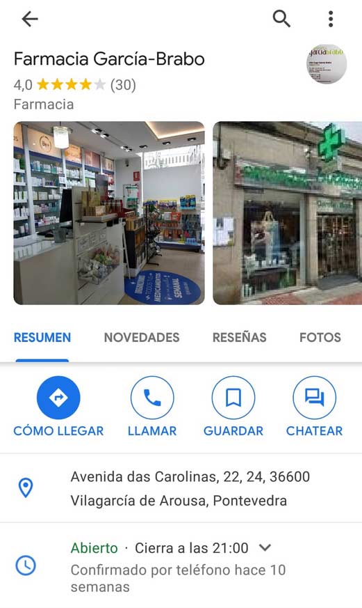 Ficha de una farmacia cerca de mi posición